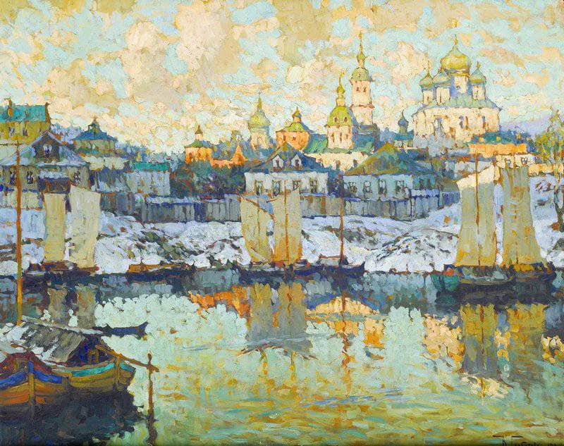 Harbor View at Sunset by Konstantin Gorbatov — Oil Painting Reproduction