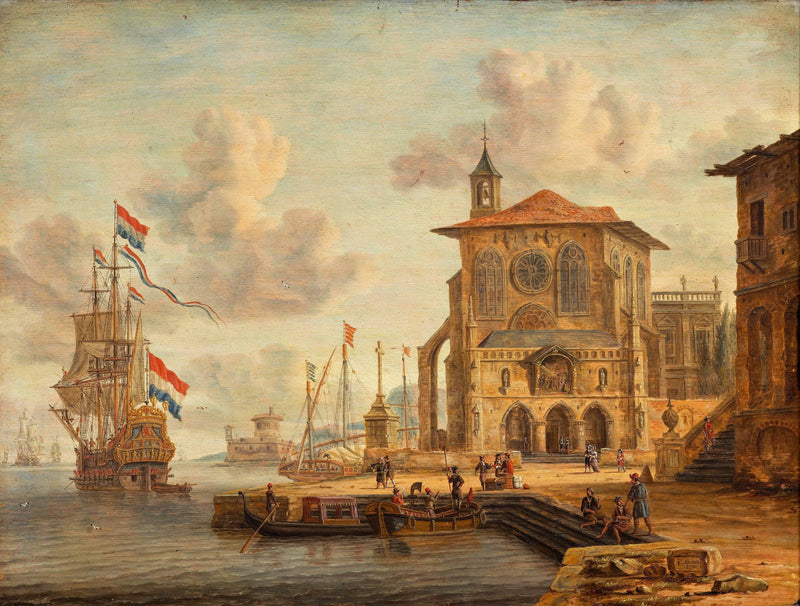 Havnescene Med Middelalderlig Bygning by Abraham Storck — Oil Painting Reproduction