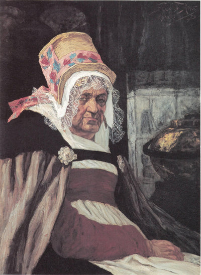 Head of old woman from Antwerp in kitchen