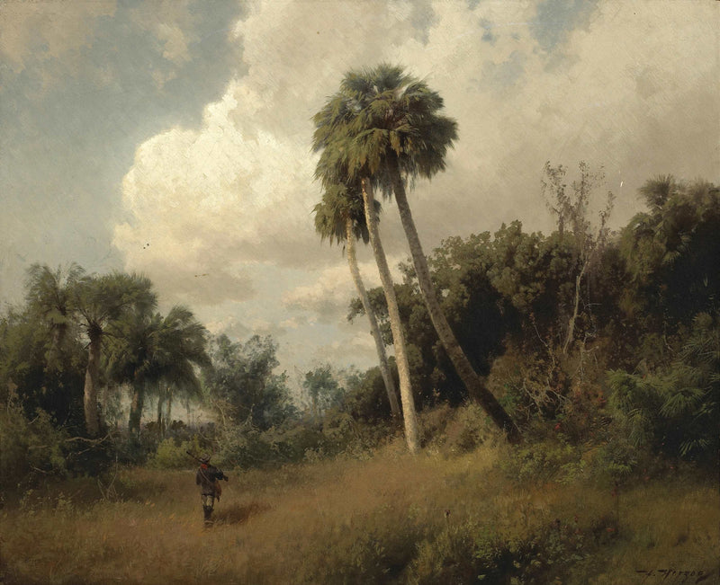 A Hunter Among Windswept Palms and Passing Clouds by Hermann Ottomar Herzog — Oil Painting Reproduction