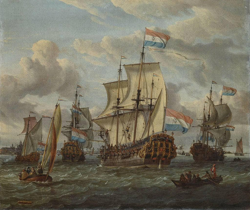 Het Fregat Pieter En Paul Op Het Ij-het Met Medewerking Van Czaar Peter De Grote in Januari 1698 Voltooide Fregat Pieter En Paul Op Het Ij-the Frigate âpeter and Paulâ on the River Ij by Abraham Storck — Oil Painting Reproduction