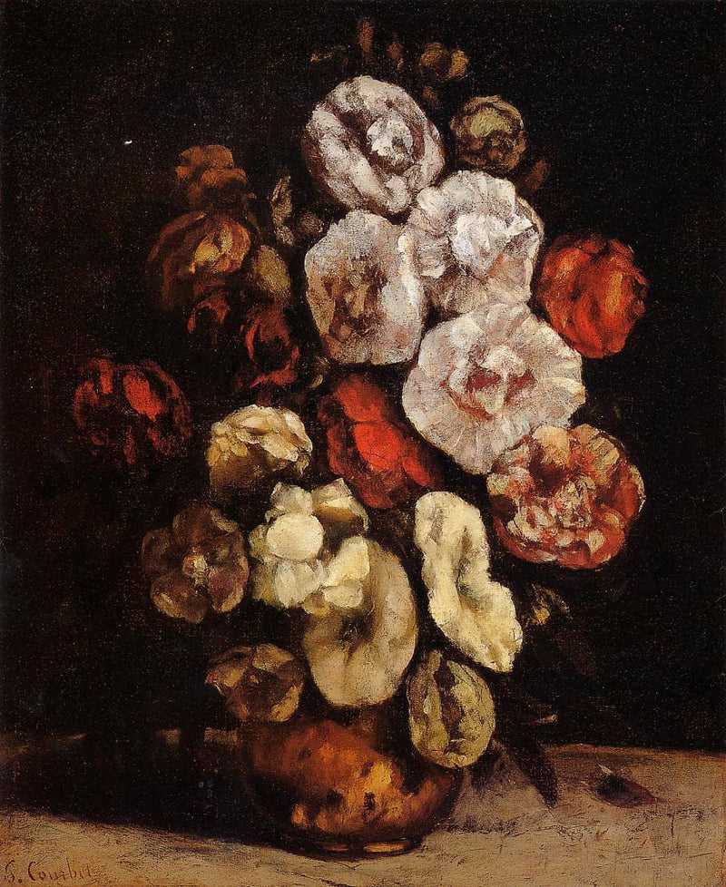 Hollyhocks in a Copper Bowl by Gustave Courbet — Oil Painting Reproduction