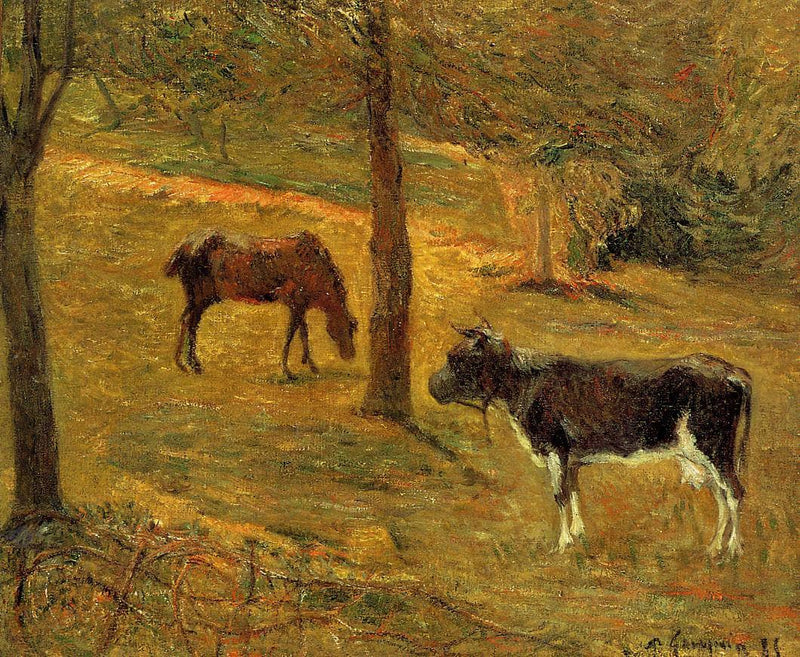 Horse and Cow in a Meadow by Paul Gauguin — Oil Painting Reproduction
