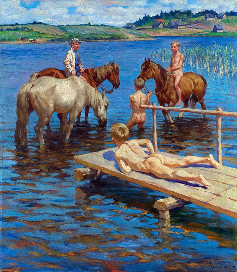 Horses Bathing by Nikolay Bogdanov-Belsky — Oil Painting Reproduction