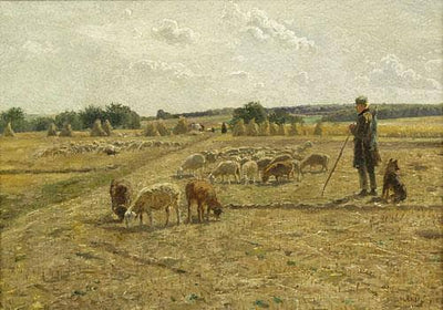 Field landscape with shepherd boy, dog and flock of sheep in entryway