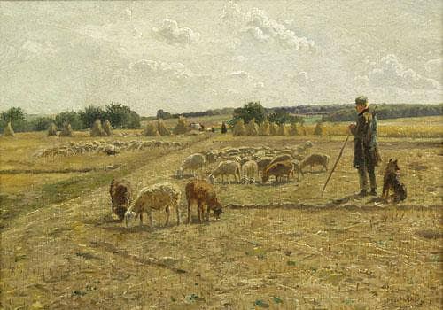 Field landscape with shepherd boy, dog and flock of sheep by Hugo Mühlig — Oil Painting Reproduction