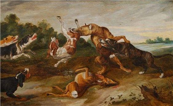 Hunting dogs fighting for a doe by Paul de Vos — Oil Painting Reproduction