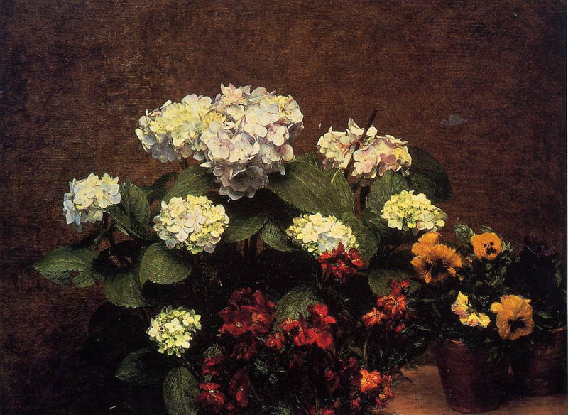 Hydrangias, Cloves and Two Pots of Pansies by Henri Fantin-Latour — Oil Painting Reproduction