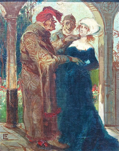 Presentation of a young woman to an old bourgeois in modern living room