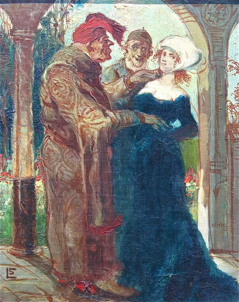 Presentation of a young woman to an old bourgeois by Léo Schnug — Oil Painting Reproduction