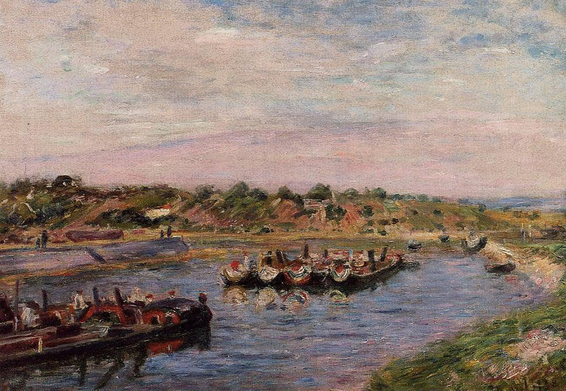 Idle Barges on the Loing Canal at Saint Mammes by Alfred Sisley — Oil Painting Reproduction