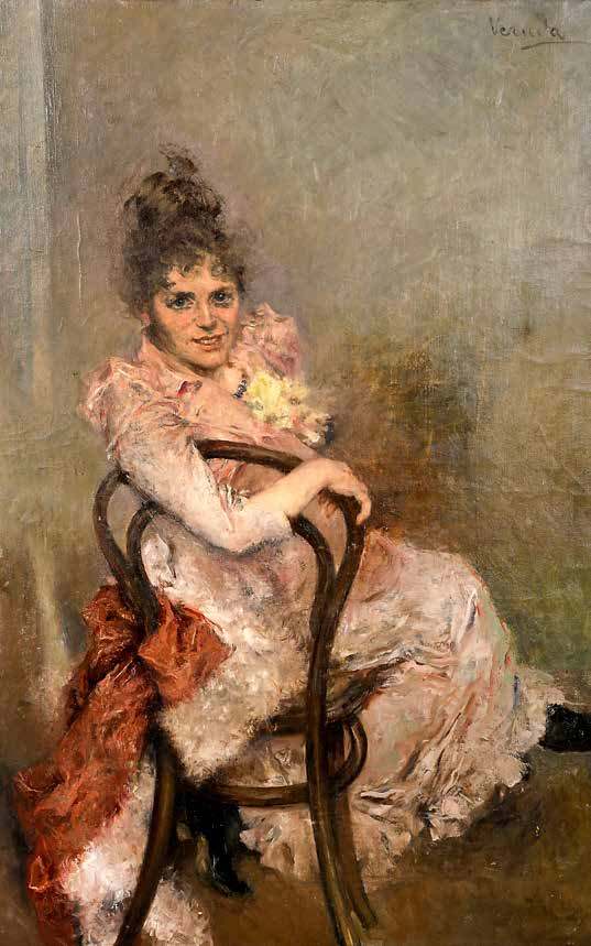 Portrait of Seated Woman in Pink Dress (A Smile) by Umberto Veruda — Oil Painting Reproduction
