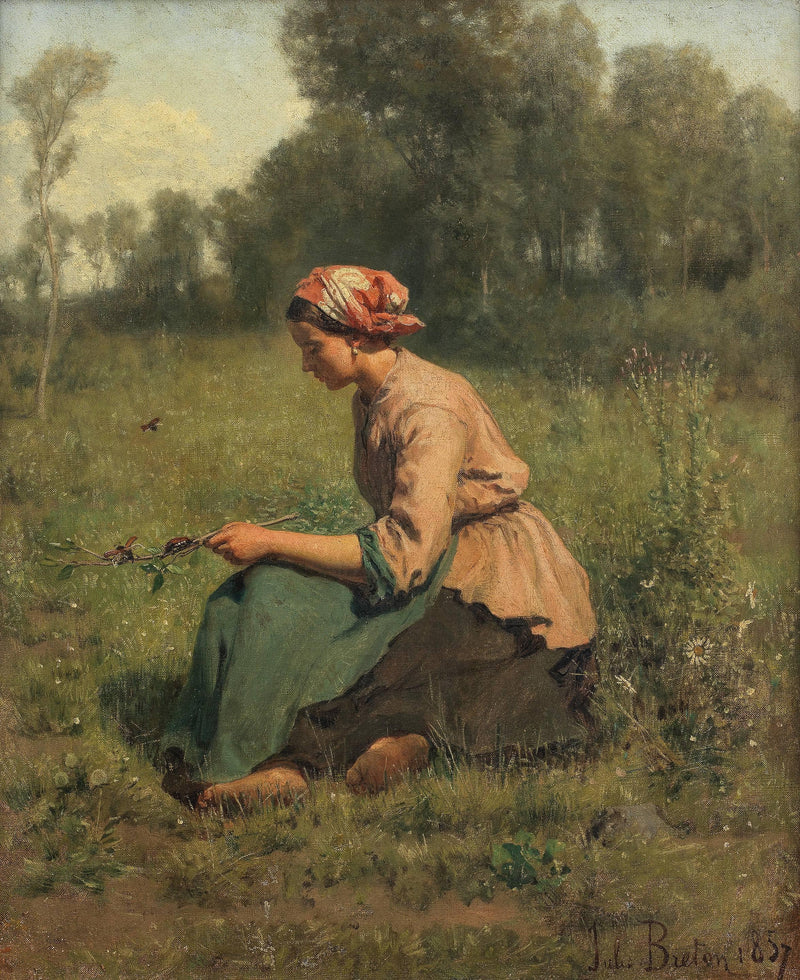 Young Peasant Woman Playing with Cockchafers by Jules Breton — Oil Painting Reproduction