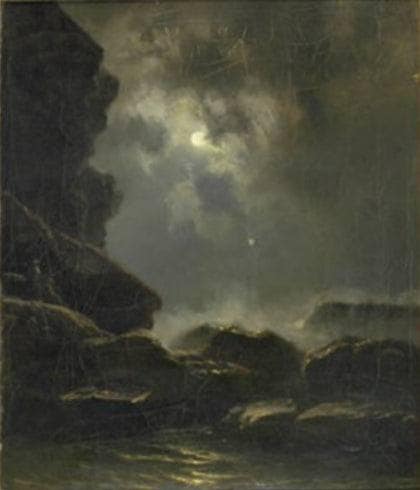 Rocky coastal landscape with moonlight by Knud Baade — Oil Painting Reproduction