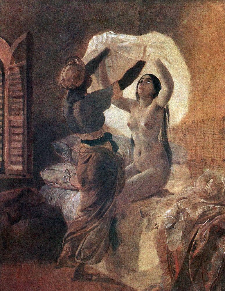 In a Harem. "By Allah's Order Underwear Should Be Changed Once a Year" by Karl Bryullov — Oil Painting Reproduction