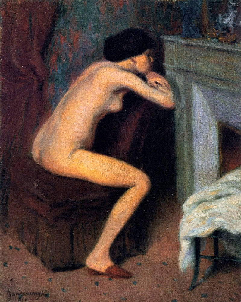 In front of the fireplace by Federico Zandomeneghi — Oil Painting Reproduction
