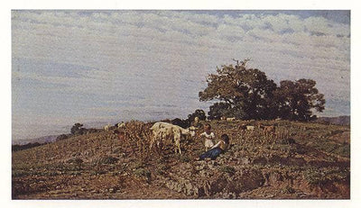 In pasture, shepherds with flock of sheep in entryway