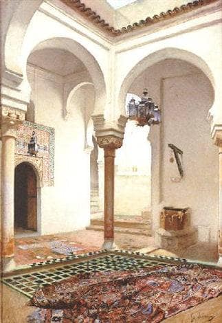 In the courtyard by Gustavo Simoni — Oil Painting Reproduction