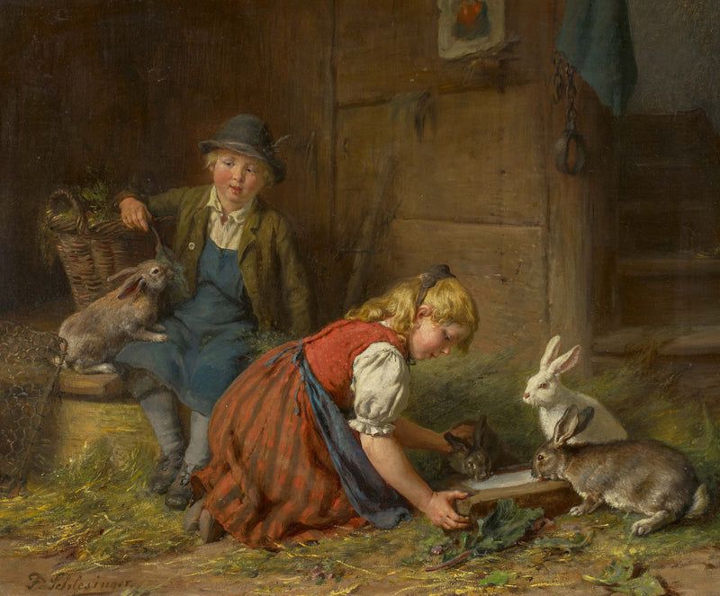 In the rabbit hutch by Felix Schlesinger — Oil Painting Reproduction