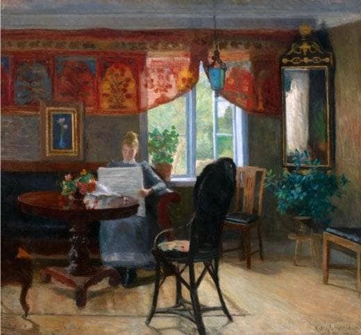 Interiør Med Lesende Kvinne by Kitty Lange Kielland — Oil Painting Reproduction