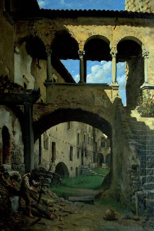 Interior of a Trentino castle, partially ruined with a male figure working with a sickle by Achille Glisenti — Oil Painting Reproduction
