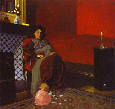 Interior Red Room with Woman and Child in apartment