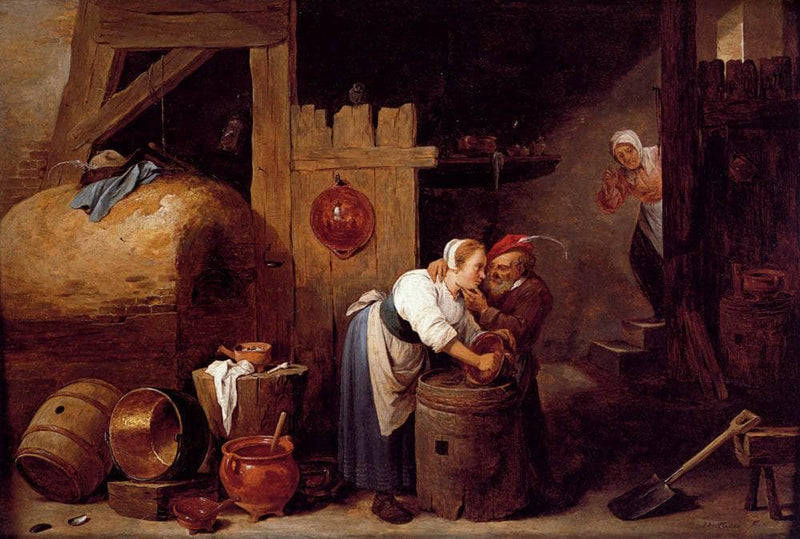 Interior scene with a young woman scrubbing pots while an old man makes advances by David Teniers the Younger — Oil Painting Reproduction