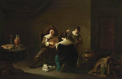 Interior with a Gentleman Playing a Lute and a Lady Singing in kitchen