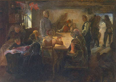 Interior with persons gathered. From Harboøre, Denmark in living room