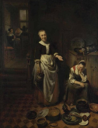 Interior with Sleeping Kitchen Maid - The Idle Servant in hallway