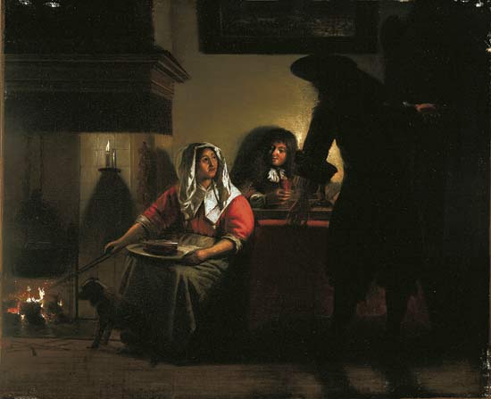 Interior with Two Gentleman and a Woman Beside a Fire by Pieter de Hooch — Oil Painting Reproduction