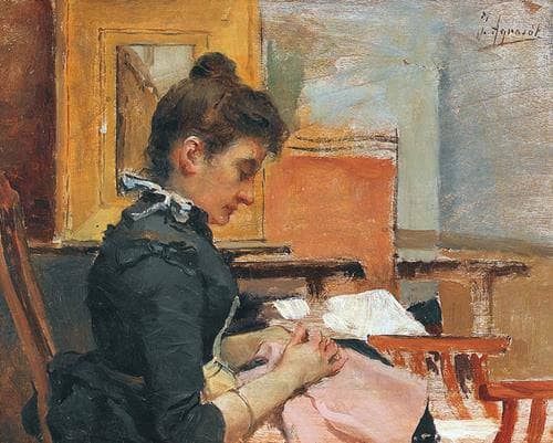 Interior with woman embroidering by Joaquín Agrasot — Oil Painting Reproduction