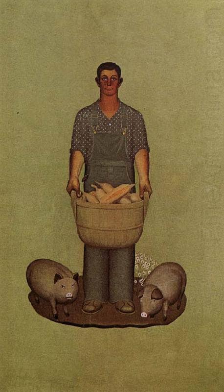 Farmer with Pigs and Corn by Grant Wood — Oil Painting Reproduction