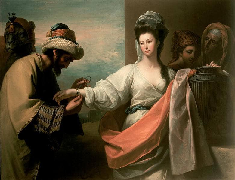 Isaac's servant trying the bracelet on Rebecca's arm by Benjamin West — Oil Painting Reproduction