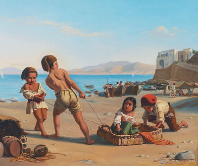 Italian beach scene with children playing in modern living room
