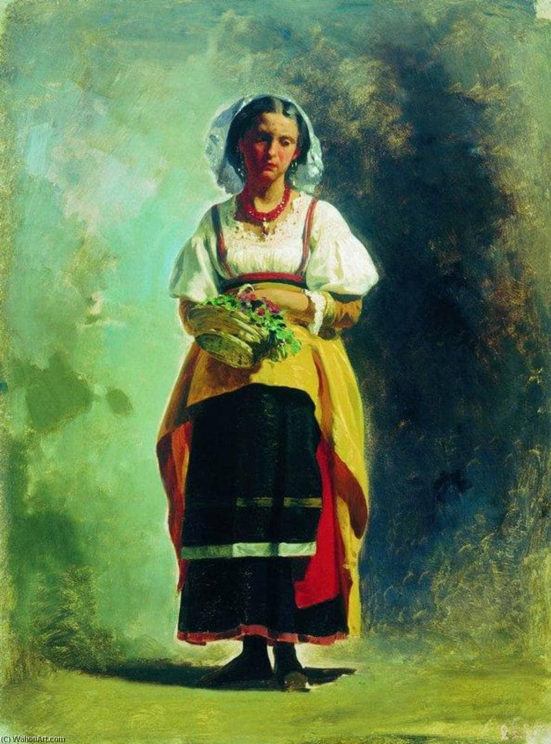 Italian Girl with a Basket of Flowers by Fyodor Bronnikov — Oil Painting Reproduction