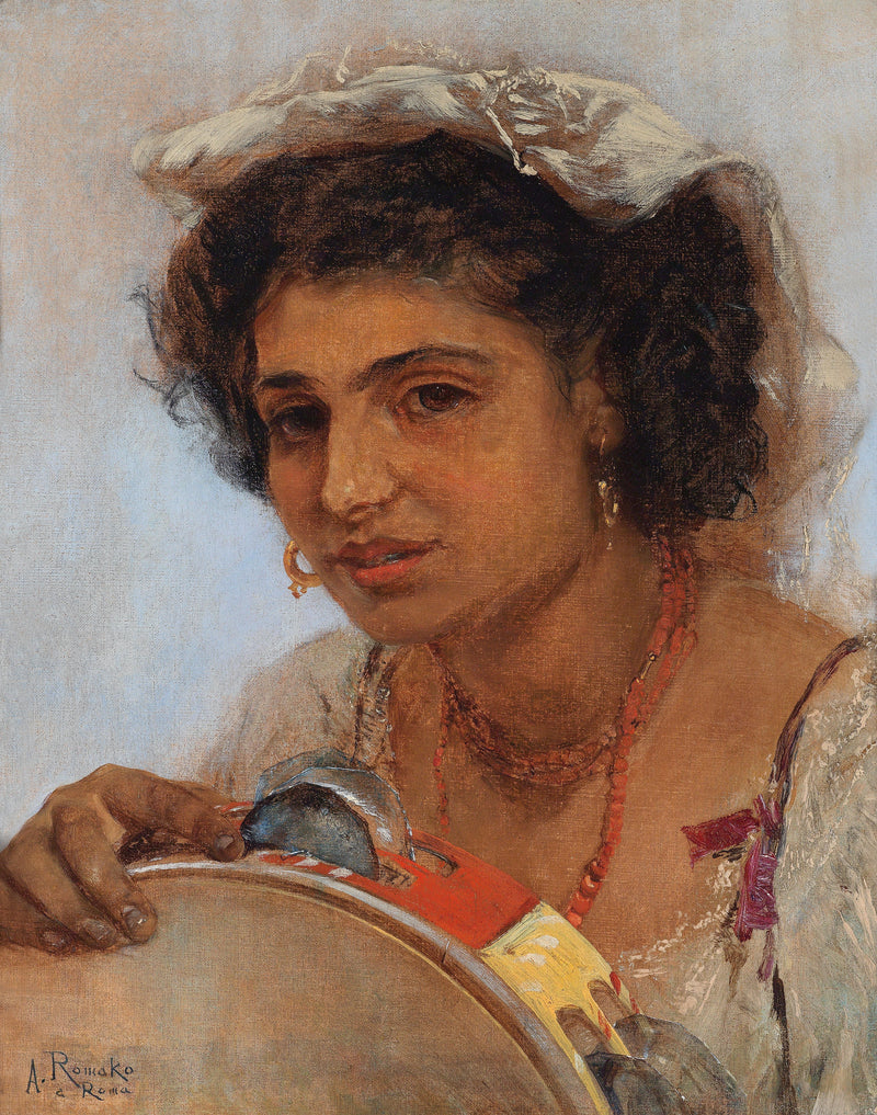 Italian girl with headscarf and tambourine by Anton Romako — Oil Painting Reproduction