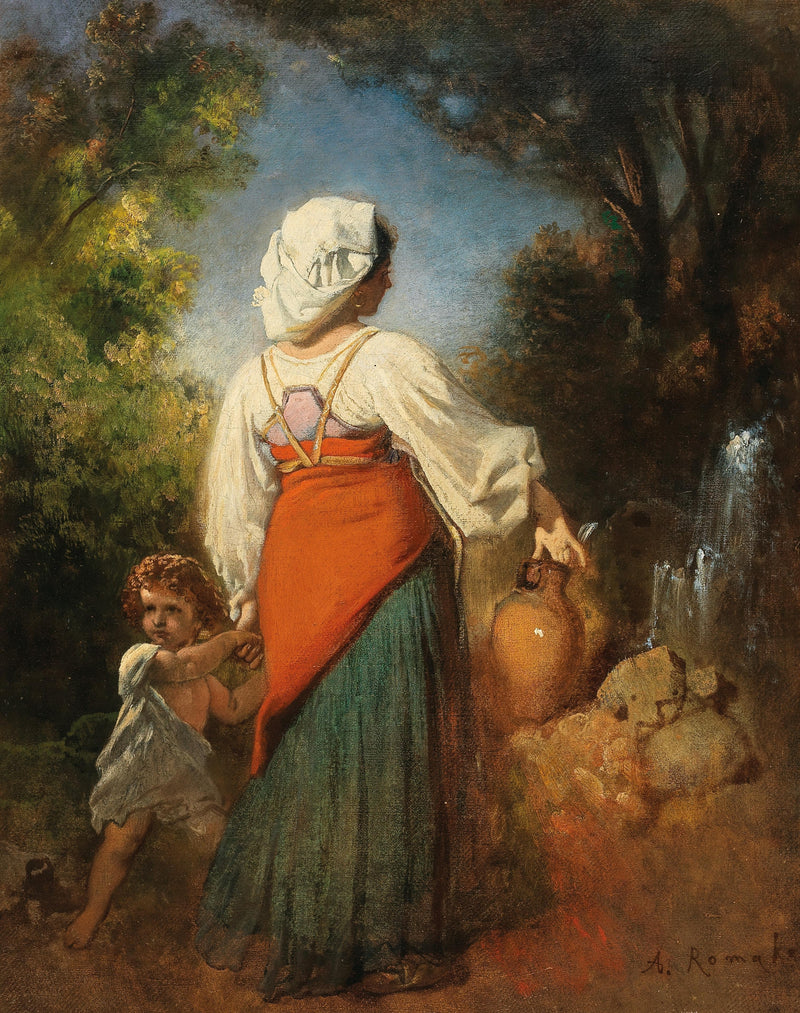 Italian woman with child at the well by Anton Romako — Oil Painting Reproduction