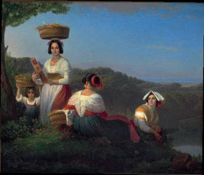 Italian women collecting meadow flowers in large baskets in hallway