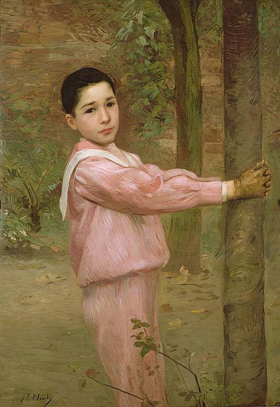 Portrait of a boy in a pink sailor suit in dining room