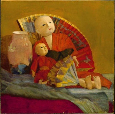 Japanese dolls and fan in modern living room