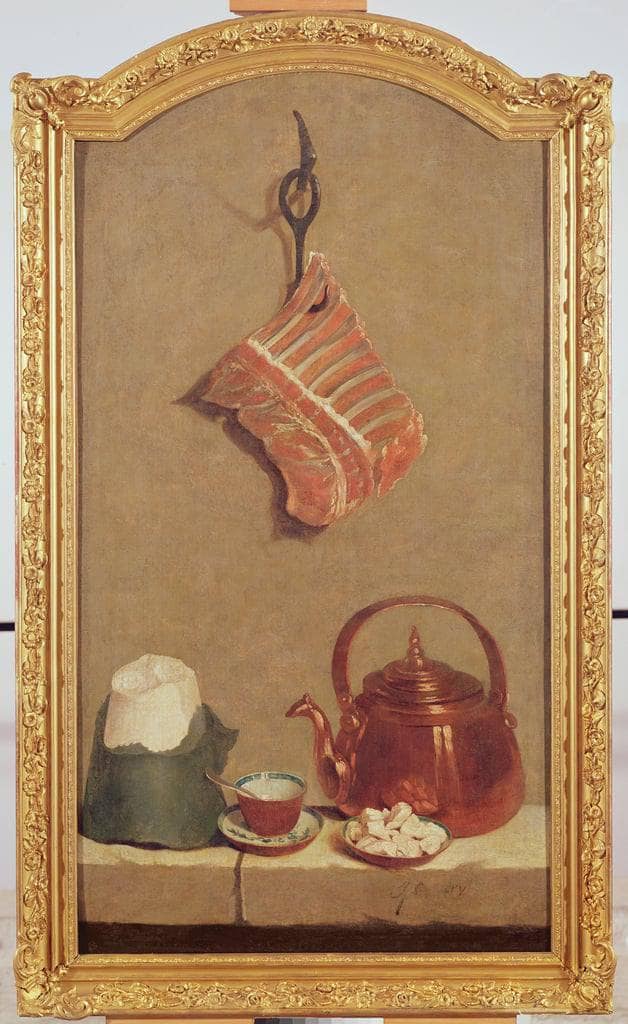 Still Life with meat, kettle, cup, sugar loaf and sugar lumps by Jean-Baptiste Oudry — Oil Painting Reproduction