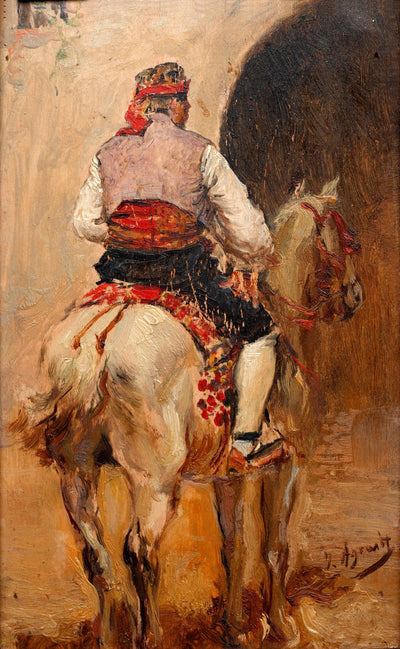 A Picador on a grey horse in apartment
