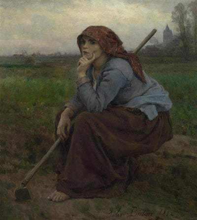 Young peasant girl with a hoe in study