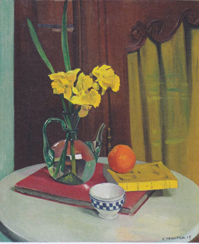 Jug with yellow daffodils in modern living room