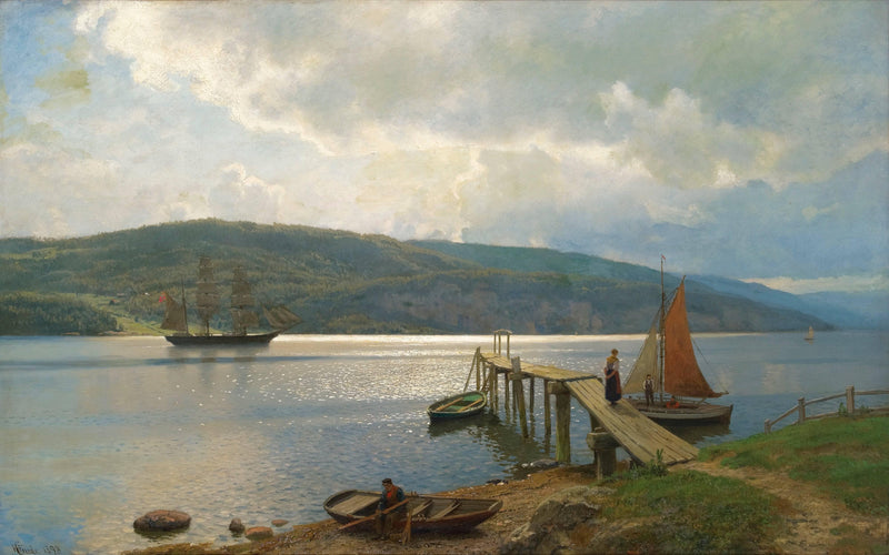 Kaien På Feste I Nær Mossthe Jetty at Feste near Moss by Hans Gude — Oil Painting Reproduction