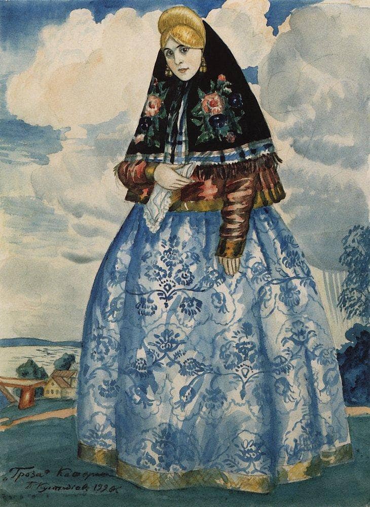 Katerina. Costume Design for Nikolai Ostrovsky's 'The Thunderstorm' by Boris Kustodiev — Oil Painting Reproduction