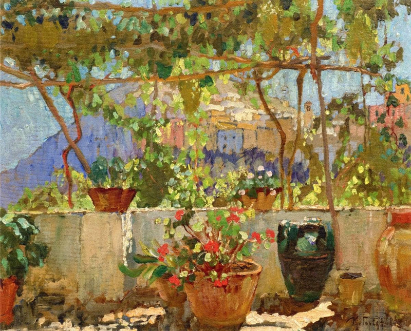 Mediterranean Pergola with View of a Mountain Village by Konstantin Gorbatov — Oil Painting Reproduction