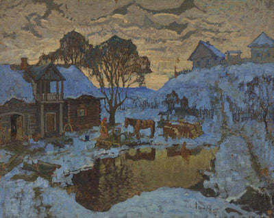 Village. Winter Twilight in home office