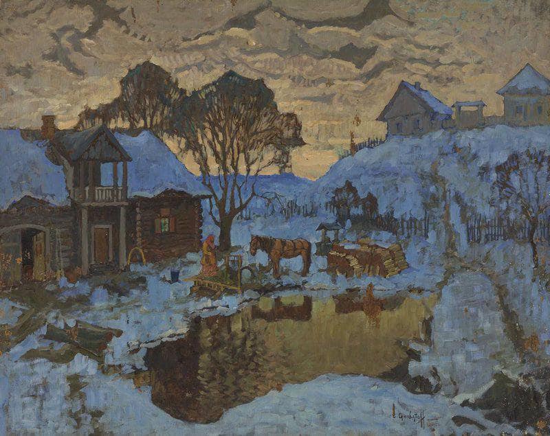 Village. Winter Twilight by Konstantin Gorbatov — Oil Painting Reproduction